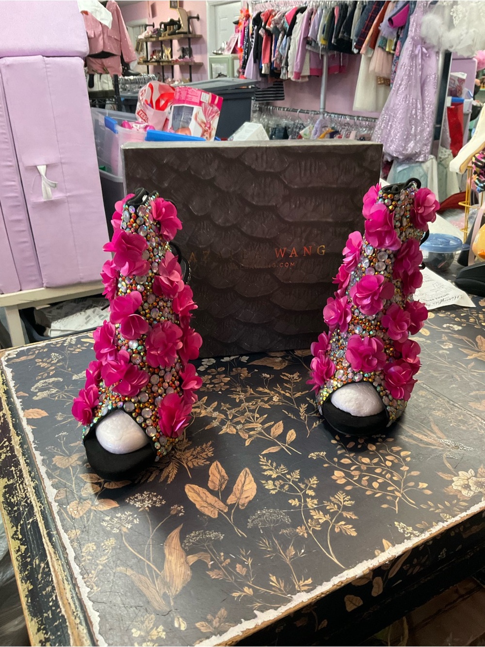 Wang Black Heels with Fuchsia Floral Embellishments